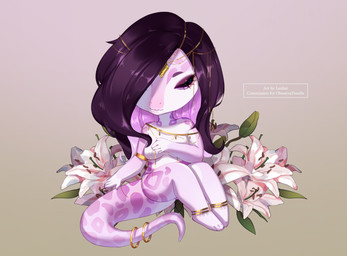 anthro biped chibi eyelashes female flower gold_(metal) gold_jewelry hair jewelry jewelry_only nude plant purple_body purple_hair purple_scales scales simple_background sitting solo text white_body white_scales lanhai xiaoli_(obessivedoodle) reptile scalie snake 2021 artist_name digital_media_(artwork) english_text hi_res shaded