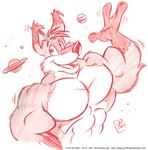 anthro big_biceps big_muscles big_pecs fur gesture macro male muscular muscular_anthro muscular_arms muscular_male pecs planet_dwarfing simple_background space terra_macro toony waving waving_at_viewer cooner kit_(macrokit) canid canine fox mammal 2007 greyscale monochrome red_and_white