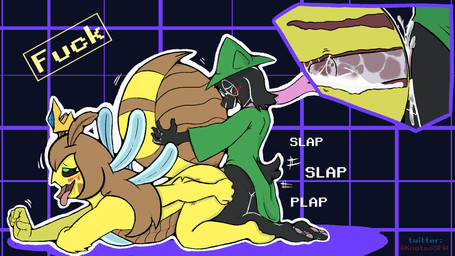 anthro black_body black_fur blush bodily_fluids clothed clothing cum cum_in_vagina cum_inside duo female female_penetrated fur genital_fluids genitals hair internal long_ears male male/female male_penetrating male_penetrating_female open_mouth penetration penile penile_penetration penis penis_in_vagina sex sharp_teeth simple_background smile teeth tongue tongue_out vaginal vaginal_penetration vulva knotsosfw deltarune undertale_(series) ralsei star_moria arthropod bee bovid caprine darkner goat hymenopteran insect mammal 16:9 2019 digital_drawing_(artwork) digital_media_(artwork) hi_res widescreen