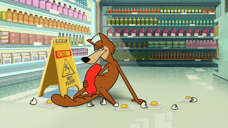 anthro bent_legs brown_body brown_fur clothing detailed_background egg egg_sac eggshell fluffy fluffy_tail food fur half-closed_eyes hat headgear headwear holding_food holding_object lying male meat narrowed_eyes null salami sausage screencap screencap_background sign slightly_chubby smile smiling_at_viewer smirk smirking_at_viewer solo spread_legs spreading store store_clerk store_sign suggestive_pose tail tongue tongue_out bob-jiggles cartoon_network hbo_max jellystone_(hbo_max) warner_brothers mildew_wolf canid canine canis mammal wolf 16:9 4k absurd_res hi_res widescreen