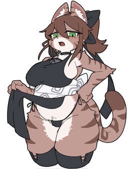 accessory anthro biped bow_ribbon brown_body brown_fur brown_hair camisole clothed clothing clothing_lift female fishnet_clothing fishnet_topwear fur green_eyes hair hair_accessory hair_bow hair_ribbon inner_ear_fluff leggings legwear looking_at_viewer open_mouth partially_clothed ponytail pose ribbons sash simple_background solo standing string_panties striped_body striped_fur stripes tail three-quarter_view topwear tuft white_background white_body white_fur wide_hipped_anthro wide_hipped_female wide_hips tofffffu felid feline mammal 2026 digital_drawing_(artwork) digital_media_(artwork) hi_res pinup