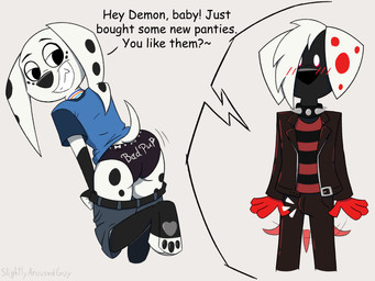 anthro back-print_panties black_body black_clothing black_fur black_nose black_panties black_underwear blush bottomwear bottomwear_down bulge butt clothed clothing collar dialogue duo erection female fur gloves_(marking) hair jacket jewelry leg_markings long_ears male male/female markings multicolored_body multicolored_fur necklace panties pants partially_clothed pattern_clothing pawpads paws print_clothing print_panties print_underwear red_body red_fur shaking_butt shirt shorts shorts_down simple_background smile smiling_at_another smiling_at_partner socks_(marking) speech_bubble spiked_collar spikes striped_clothing stripes t-shirt tail tail_motion tailwag text topwear underwear undressing white_body white_fur white_hair slightlyarousedguy 101_dalmatian_street 101_dalmatians disney demon_(darkdemon) dolly_(101_dalmatians) canid canine canis dalmatian domestic_dog mammal 4:3 english_text hi_res shaded watermark
