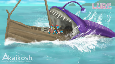 ambiguous_gender anthro anthro_prey boat box clothing container feral feral_pred group oral_vore purple_body sea shirt teeth topwear trio vehicle vore water watercraft white_eyes yellow_eyes akaikosh capcom monster_hunter bird_wyvern gobul leviathan_(mh) velociprey 16:9 2022 watermark widescreen