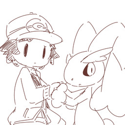 ambiguous_gender anthro biped clothed clothing duo hair hat headgear headwear looking_at_viewer simple_background white_background crepix nintendo pokemon hilbert_(pokemon) generation_4_pokemon human lagomorph lopunny mammal pokemon_(species) 1:1 2015 brown_and_white line_art monochrome