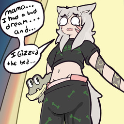 ambiguous_gender arm_tattoo bodily_fluids bottomwear clothing diaper diaper_peekage fur genital_fluids grey_body grey_fur grey_hair hair leaking_diaper male pajama_pants pants plushie small_shirt solo speech_bubble tail tattoo tears unclean_diaper urine urine_on_pants urine_stain used_diaper using_diaper wet wet_bottomwear wet_clothing wet_diaper wet_pants wetting wetting_diaper fluff_pampz king_gizzard_and_the_lizard_wizard number_one_gizzhead animal_humanoid canid canid_humanoid canine canine_humanoid humanoid mammal mammal_humanoid wolf_humanoid 1:1 absurd_res hi_res