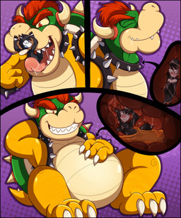 2_horns 3_toes 4_fingers ambiguous_gender ambiguous_prey anthro anthro_pred anthro_prey armband belly big_belly black_border blush bodily_fluids border bracelet claws clothed clothing collar collar_only cutaway dotted_background drooling extreme_size_difference eyebrows eyes_closed eyewear fangs feet finger_claws fingers front_view glasses green_body green_scales grin hair hand_behind_head hand_on_belly holding_belly horn inside_stomach internal jewelry larger_male licking male male_pred multicolored_body multicolored_scales neck_bulge nude open_mouth open_smile oral_vore organs partially_submerged pattern_background plantigrade purple_background red_eyebrows red_eyes red_hair saliva scales sharp_teeth shell simple_background sitting size_difference smaller_ambiguous smile soft_vore spiked_armband spiked_bracelet spiked_collar spiked_shell spiked_tail spikes spikes_(anatomy) stomach stomach_acid tail tan_body tan_scales teeth toe_claws toes tongue tongue_out ventral_scales vore white_claws yellow_body yellow_scales incredibleediblecalico mario_bros nintendo bowser val_(valcritter) alpaca camelid koopa mammal reptile scalie 2015 comic dated digital_media_(artwork) hi_res shaded signature nonbinary_(lore)