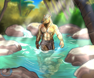 anthro bottomwear bracelet brown_body brown_fur clothed clothing forest fur grey_hair hair jewelry light light_beam loincloth male muscular necklace partially_submerged plant smile solo sunbeam sunlight tooth_necklace topless topless_anthro tree tribal water cor1998l capybara caviid mammal rodent 6:5