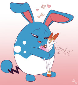 anthro biped black_eyes black_nose blue_body bodily_fluids cheek_tuft eyebrows facial_tuft female floppy_ears folded_ears fur heart_symbol hug larger_female male musical_note musical_symbol open_mouth red_eyes scut_tail short_tail simple_background size_difference smaller_male sound_effects sweat symbol tail text tongue tuft white_body white_fur fuf nintendo pokemon azumarill generation_2_pokemon generation_8_pokemon pokemon_(species) scorbunny 2019 english_text hi_res