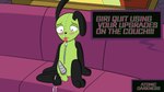 16:9 4k absurd_res animal_genitalia atomic_darkness balls blush bodily_fluids canid canine clothing costume cum cum_on_self cum_on_sofa disguise furniture genital_fluids genitals gir_(invader_zim) green_balls hi_res inside invader_zim machine male mammal metal_penis metal_sheath nickelodeon penis robot sheath sofa solo widescreen zipper