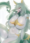 anthro anthrofied bedroom_eyes big_breasts biped blush bodily_fluids breasts cleavage clothed clothing eyelashes eyelashes_through_hair featureless_breasts featureless_crotch female female_anthro forked_tongue glistening glistening_body glistening_breasts glistening_hair glistening_legs green_body green_face green_hair hair huge_breasts knee_up long_hair long_tail looking_at_viewer multicolored_body multicolored_face narrowed_eyes navel nude nude_female red_eyes seductive slightly_chubby solo sweat tail thick_thighs tongue tongue_out translucent translucent_hair white_body white_face kototoruruu nintendo pokemon generation_5_pokemon pokemon_(species) serperior absurd_res digital_media_(artwork) hi_res translated_description