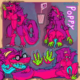 4_fingers anthro anus big_breasts big_butt bite_mark blue_tongue breasts butt claw_marks eyewear female fingers fur genitals glasses gold_(metal) gold_jewelry hair jewelry long_hair long_tail long_tongue milk pawpads paws pink_body pink_fur purple_body purple_fur purple_hair scar sharp_teeth solo tail teeth tendril_pussy thick_thighs tongue vulva wearing_glasses neon_dontlook poppy_emberwing sergal 1:1 model_sheet