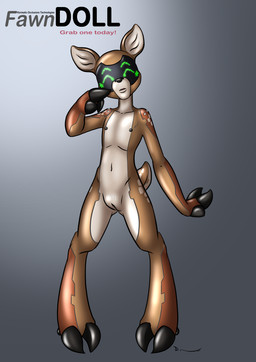 anthro black_nose brown_body cloven_hooves dewclaw_hooves female fingers flat_chested genitals hoof_hands hooved_fingers hooves machine multicolored_body navel nipples nude screen screen_face simple_background solo standing text two_tone_body unguligrade vulva white_body young young_anthro young_female danaume android deer mammal robot english_text hi_res