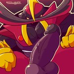 balls clothed clothing erection genitals humanoid_genitalia humanoid_penis looking_at_viewer male muscular muscular_male penis simple_background solo fizzyjay nintendo pokemon generation_9_pokemon humanoid kingambit pokemon_(species) 1:1 digital_media_(artwork) hi_res