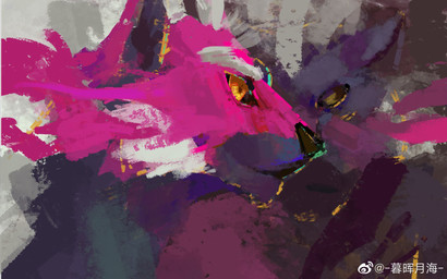 abstract_art ambiguous_form ambiguous_gender black_nose black_sclera eyebrows fur grey_ears mouth_closed orange_eyes pink_body pink_ears pink_fur side_view solo weibo_logo white_body white_eyebrows white_fur awaldkize weibo felid feline mammal absurd_res hi_res