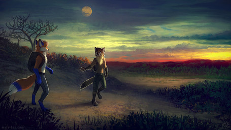 4_toes 5_fingers anthro backpack barefoot beckoning black_tail_tip blue_markings bottomwear brown_body brown_fur clothed clothing detailed_background dipstick_tail duo dusk feet fingers fur gesture head_tuft male markings moon multicolored_tail nature orange_body orange_fur outside pants plant sky smile tail tail_markings toes topless tree tuft walking white_tail_tip mylafox canid canine fox gulonine mammal marten mustelid musteline pine_marten 2019 detailed digital_media_(artwork)