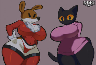 anthro biped black_body blush breasts clothed clothing duo eyelashes female hand_on_hip legwear looking_at_viewer multicolored_body panties pupils simple_background smile tail thick_thighs thigh_highs topwear underwear white_body wide_hips knightmoonlight98 olive_(olive_the_other_reindeer) canid canine canis domestic_cat domestic_dog felid feline felis mammal hi_res