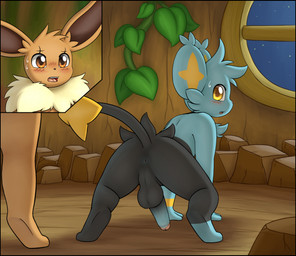 all_fours ambiguous_gender anthro anus backsack balls big_ears black_balls black_body black_border black_fur blue_body blue_fur blue_penis blush border brown_body brown_eyes brown_fur cheek_tuft cutaway detailed_background duo embarrassed facial_tuft feral flaccid fur genitals glans head_tuft humanoid_genitalia humanoid_genitalia_on_feral humanoid_penis humanoid_penis_on_feral inside leaf looking_at_another looking_back male male_focus night nude open_mouth penis perineum pink_glans plant raised_tail rear_view sky solo_focus star starry_sky tail tongue tuft vines walk-in window yellow_eyes friendlyfeesh nintendo pokemon isolde_(bokurei) light_(bokurei) eevee generation_1_pokemon generation_4_pokemon pokemon_(species) shinx digital_media_(artwork) hi_res female_(lore) nonbinary_(lore)