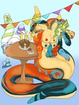 2_heads apode birthday birthday_cake breasts cake cluelewd dessert digital_media_(artwork) draconcopode duo extreme_size_difference food furniture genitals gift gynomorph herm hi_res intersex knot legless micro multi_head naga penis procreate_(artwork) reptile sarzu_&_israz scalie serpentine size_difference snake snake_hood table