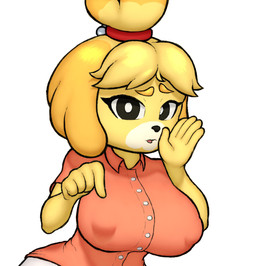 anthro big_breasts breasts clothed clothing curvy_figure female gesture hand_gesture humanoid_hands nipple_outline pointing simple_background solo tight_clothing oliversart animal_crossing nintendo isabelle_(animal_crossing) canid canine canis domestic_dog mammal hi_res