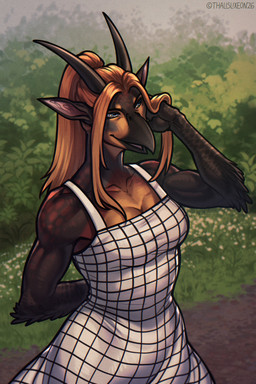anthro beak biped breasts clothed clothed_anthro clothed_female clothing dress female front_view hair horn outside smile solo standing thalislixeon avian 2026 2:3 digital_drawing_(artwork) digital_media_(artwork) hi_res
