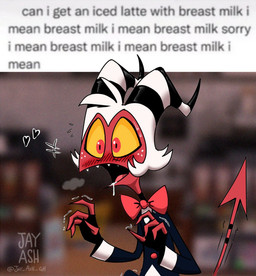 arms_bent blush bodily_fluids bow_tie clothed clothing dialogue_box erect_tail erection erection_under_clothing gesture hair heart_reaction heart_symbol horn male not_furry red_body red_eyes red_skin repeated_text saliva solo spade_tail sweat tail tail_boner tail_gesture text thin_tail white_hair yellow_sclera ghastlygh hellaverse helluva_boss i_mean_breast_milk moxxie_(helluva_boss) demon demon_humanoid humanoid imp 2021 english_text meme