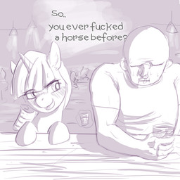 bar blush bodily_fluids dialogue drunk duo embarrassed eyes_closed female flirting fur hair horn magic male profanity substance_intoxication sweat text arkiiwarki friendship_is_magic hasbro my_little_pony mythology anon twilight_sparkle_(mlp) equid equine human mammal mythological_creature mythological_equine unicorn 1:1 digital_media_(artwork) english_text monochrome