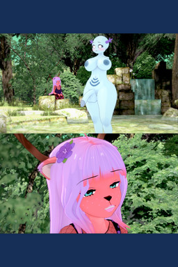 anthro antlers balls big_breasts blue_body blue_eyes blush breasts cherrie(cherrie_deer) clothed clothed_female clothing duo exhibitionism female genitals glans hair horn intersex lustful_gaze nude_anthro penis purple_hair voyeur cherrie_deer nintendo pokemon deer generation_2_pokemon mammal pokemon_(species) wooper 3d_(artwork) comic digital_media_(artwork) hi_res