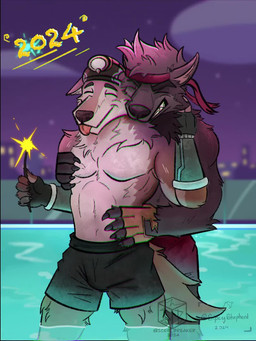 anthro belly_rub black_nose clothing duo eyes_closed fireworks fondling fur grey_body grey_fur hug male male/male rubbing_chest slurp_juice smile swimming_trunks swimwear tail tongue tongue_out touching_chest icer_breaker sipcyshepherd epic_games fortnite mythology dire_(fortnite) wendell_(fortnite) canid canine canis mammal mythological_canine mythological_creature werecanid werecanine werecreature werewolf wolf 3:4 animated short_playtime sound video