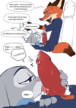 animal_genitalia animal_penis anthro anthro_on_anthro bodily_fluids brown_body brown_fur canine_genitalia canine_penis clothed clothing dialogue duo erection female fur genital_fluids genitals green_eyes grey_body grey_fur interspecies licking multicolored_body multicolored_fur open_mouth oral orange_body orange_fur penile penis penis_grab penis_lick police police_uniform precum predator/prey purple_eyes saliva sex simple_background speech_bubble tan_body tan_fur teeth text tongue tongue_out topwear uniform butterfish8199 disney zootopia judy_hopps nick_wilde canid canine fox lagomorph leporid mammal rabbit absurd_res english_text hi_res