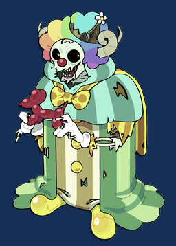 accessory afro alternate_costume ambiguous_gender balloon_animal bow_tie clothing clown clown_nose curled_horn flower flower_in_hair footwear gloves hair hair_accessory handwear horn horror_(theme) multicolored_hair plant rainbow_hair shoes solo visual_gag discount-supervillain adventure_time cartoon_network the_lich_(adventure_time) humanoid lich undead hi_res