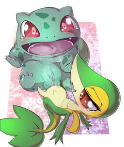 anthro bodily_fluids claws duo ejaculation fangs female female/female feral genital_fluids genitals heart_eyes heart_symbol lying open_mouth sex spread_legs spreading tears teeth vaginal_fluids vulva kicktyan nintendo pokemon bulbasaur generation_1_pokemon generation_5_pokemon pokemon_(species) snivy absurd_res hi_res