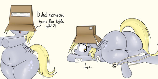 asking belly big_butt blonde_hair box butt container cutie_mark dialogue feathered_wings feathers female feral grey_body grey_feathers hair hooves letter lying navel open_mouth question semi-anthro simple_background slightly_chubby solo standing stuttering tail text thick_thighs white_background wide_hips wings yellow_eyes yellow_tail yes-no_question blitzyflair friendship_is_magic hasbro my_little_pony mythology derpy_hooves_(mlp) equid equine mammal mythological_creature mythological_equine pegasus absurd_res english_text hi_res