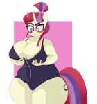 anthro anthrofied big_breasts biped blush breasts cleavage clothed clothing eyewear female glasses hair holding_breast horn multicolored_hair solo standing thick_thighs freezietype friendship_is_magic hasbro my_little_pony mythology moondancer_(mlp) equid equine mammal mythological_creature mythological_equine unicorn absurd_res hi_res