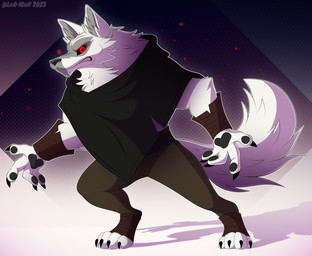4_fingers 4_toes anthro bottomwear claws clothing digitigrade feet finger_claws fingers fur looking_at_viewer male pants red_eyes sharp_teeth solo teeth text toe_claws toes year leo-wolf dreamworks puss_in_boots_(franchise) death_(puss_in_boots) canid canine canis mammal wolf 2023 artist_name digital_media_(artwork) hi_res