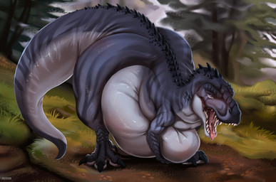 ambiguous_feral ambiguous_gender back_spikes belly big_belly big_butt biped black_claws bodily_fluids butt claws eyes_closed feral grass grey_body head_spikes huge_belly huge_butt open_mouth outside plant red_tongue rock saliva saliva_string solo spikes spikes_(anatomy) tongue tongue_out tree vore white_body roobin dinosaur prehistoric_species reptile scalie hi_res