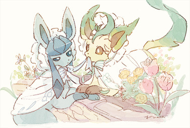 ambiguous_gender blue_body blue_eyes blue_inner_ear bonnet brown_eyes brown_inner_ear clothed clothed_feral clothing duo eye_contact feral flower fur garden green_body hand_on_hand headgear headwear looking_at_another mouth_hold neck_bow paws plant pupils rose_(flower) tail white_clothing white_pupils yellow_body yellow_fur yura_inaho nintendo pokemon eeveelution generation_4_pokemon glaceon leafeon pokemon_(species) 2022 painting_(artwork) shaded watercolor_(artwork)