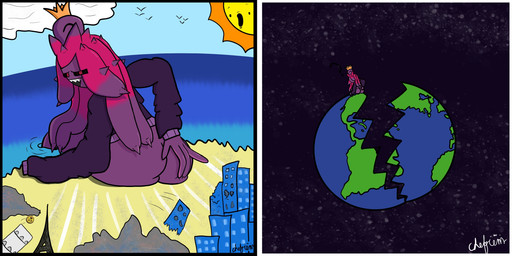 beach city_destruction cloud crown destruction eiffel_tower female headgear long_fingers macro planet planet_destruction sea solo space sun water chefrens humanoid monster 2:1 absurd_res comic hi_res