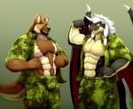 abs anthro biceps big_muscles body_hair bottomwear brown_body brown_fur chest_hair clothed clothing duo flexing fur horn khakis male military muscular nipples open_clothing open_shirt open_topwear pants pecs shirt smile standing tail teeth topwear white_body white_fur wings primodrago mythology canid canine canis domestic_dog dragon german_shepherd herding_dog mammal mythological_creature mythological_scalie pastoral_dog reptile scalie