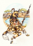 african big_ears breasts brown_eyes claws dreadlocks female fluffy genitals inner_ear_fluff melee_weapon nipples pawpads paws polearm pussy scenario sitting solo spear tuft water waterhole weapon cayleth african_wild_dog canid canine mammal traditional_media_(artwork)