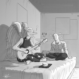 acoustic_guitar anthro bald barefoot bed blush bottomwear breasts claws clothing crossed_legs denim denim_bottomwear denim_clothing duo elbow_feathers eyelashes eyes_closed feathered_wings feathers feet female furniture guitar hair halter_top heart_symbol inside jacket jeans long_hair male musical_instrument musical_note musical_symbol on_bed open_mouth pants playing_guitar playing_music plucked_string_instrument sharp_teeth short_tail singing smile string_instrument symbol tail teeth toe_claws toes topwear torn_bottomwear torn_clothing torn_jeans torn_pants wings j_galart cavemanon_studios goodbye_volcano_high ko_op_(game_developer) snoot_game anon_(snoot_game) fang_(gvh) metal_gear_raymba human mammal prehistoric_species pterosaur reptile scalie 1:1 2023 absurd_res black_and_white hi_res monochrome signature