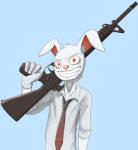 ar-15 assault_rifle clothed clothing crazy_smile gun holding_gun holding_object holding_ranged_weapon holding_weapon looking_at_viewer m16 m16a2 male necktie ranged_weapon rifle simple_background smile solo weapon rabbittakahashi lagomorph leporid mammal rabbit half-length_portrait hi_res portrait