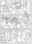 absurd_res anthro black_and_white bodily_fluids canid canine clothed clothing comic door eric_doyle fox group hi_res hybrid inner_ear_fluff inside kifyun2 male mammal missing_ear monochrome scar shocked simple_background speech_bubble text trio tuft vomit vomiting