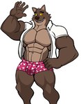 5_fingers abs anthro barazoku biceps big_bulge big_muscles boxers_(clothing) bulge clothed clothing eyebrows fingers fur gesture hand_on_hip heart_boxers heart_clothing heart_symbol heart_underwear huge_muscles looking_at_viewer male male_anthro muscular muscular_anthro muscular_male navel obliques open_clothing open_shirt open_topwear pattern_clothing pattern_underwear pecs shirt simple_background smile solo standing teeth thick_thighs topwear tuft underwear waving white_background darknaigart dreamworks the_bad_guys mr._wolf_(the_bad_guys) canid canine canis mammal wolf 2022 absurd_res hi_res