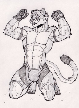 abs anthro athletic bottomwear bulge clothing detailed_bulge dipstick_tail eye_scar facial_scar fingerless_gloves flexing flexing_bicep flexing_both_biceps flexing_muscles gloves handwear kneeling lycra_shorts male markings muscular muscular_anthro muscular_male navel pecs pose scar shorts simple_background solo spandex sportswear tail tail_markings tight_clothing white_background cleiarkent ricius_teck cougar felid feline mammal hi_res