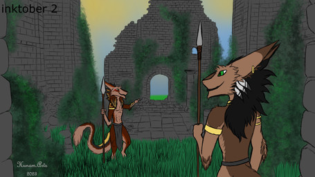 accessory anthro black_hair bottomwear brown_body brown_fur clothing duo feather_in_hair feathers fur green_eyes hair hair_accessory loincloth loose_feather male markings melee_weapon piercing polearm ruins spear tail weapon hunamarts apsel_(sergal) kuro_(sergal) sergal 16:9 hi_res widescreen