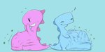 abdominal_bulge anthro belly big_belly blue_body blue_scales bone bones_in_stomach duo fatal_vore hand_on_belly huge_belly pink_body pink_scales scales short simple_background sitting skull smaller_pred smile standing tail vore da~blueguy desnecessauro dinosaur prehistoric_species reptile scalie 2023 digital_drawing_(artwork) digital_media_(artwork) hi_res