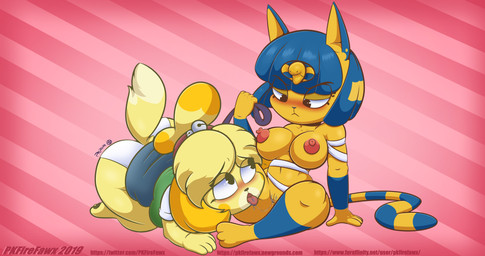 all_fours anthro areola blush bodily_fluids bottomwear breasts clothed clothing cunnilingus dipstick_tail duo egyptian female female/female genital_fluids genitals holding_leash holding_object interspecies leash looking_up markings multicolored_tail nipples open_mouth oral panties pattern_background pawpads puffy_areola saliva sex shirt simple_background sitting skirt spread_legs spreading tail tail_markings text tongue topwear underwear vaginal vaginal_fluid_string vaginal_fluids vulva pkfirefawx animal_crossing nintendo ankha_(animal_crossing) isabelle_(animal_crossing) canid canine canis domestic_cat domestic_dog felid feline felis mammal shih_tzu toy_dog 2019 256:135 4k absurd_res digital_media_(artwork) english_text hi_res wallpaper