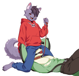 anthro ball_gag clothing collar duo fur gag green_body hoodie leash leash_pull leashed_collar male male/male purple_body purple_fur purple_tail red_clothing red_hoodie red_topwear simple_background tail topwear white_background mr_bubba canid canine canis felid mammal wolf hi_res