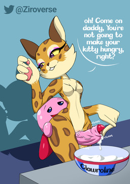 anthro big_penis blue_eyes bodily_fluids bowl breasts cheek_tuft chest_tuft clothing container countershading cum cum_collecting cum_drip cum_in_bowl cum_in_container dripping duo facial_tuft featureless_breasts female feral foreskin fur genital_fluids genitals legwear long_penis male male/female nude partially_retracted_foreskin penis pink_body purple_eyes pussyjob sex simple_background small_breasts small_but_hung smile tan_body tan_fur text thick_penis thick_thighs thigh_sex throbbing throbbing_penis tights tuft vaginal_fluid_drip vaginal_fluids vein veiny_penis vulva wide_hips ziroverse kirby_(series) kirby_and_the_forgotten_land nintendo clawroline kirby felid humanoid leopard mammal pantherine waddling_head english_text hi_res
