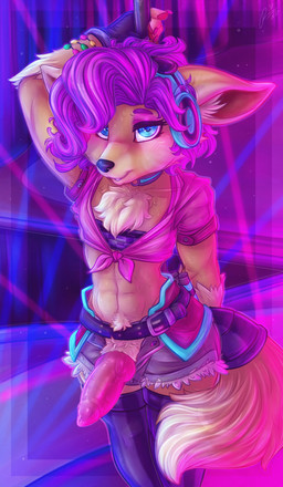 abs abstract_background animal_genitalia animal_penis anthro athletic athletic_male blush bodily_fluids bulge canine_genitalia canine_penis chest_tuft clothing cosplay crop_top electronics erection eyeshadow eyewear femboy fur genitals gloves goggles hair handwear headphones knot leggings legwear looking_at_viewer makeup male midriff penis pink_clothing pink_eyeshadow pink_shirt pink_topwear pole purple_hair shirt solo sweat tan_body tan_fur topwear tuft wig dimwitdog hi-rez_studios paladins_(game) pip_(paladins) canid canine fox mammal absurd_res hi_res